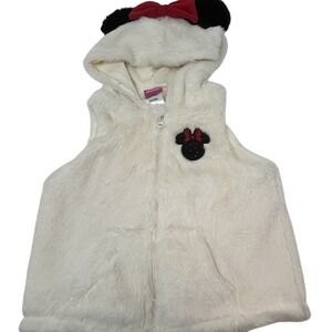 Disney Minnie Mouse Girls 18M Faux Fur Hooded Vest Ears Bow White Zip Cute